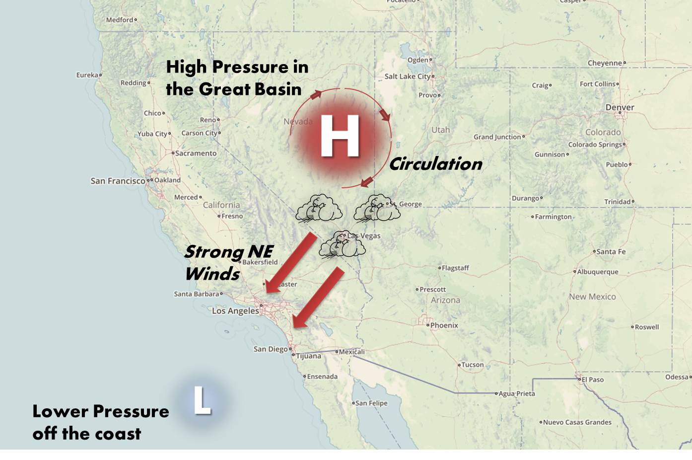 Santa Ana Winds derive from High Pressure in the Great Basin