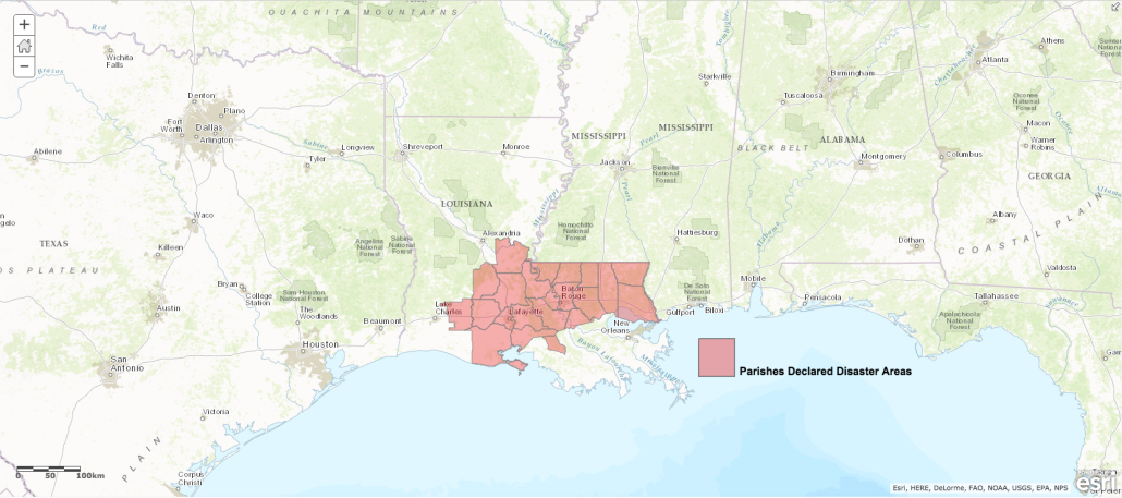Parishes Declared as Disaster Areas from Louisiana Floods