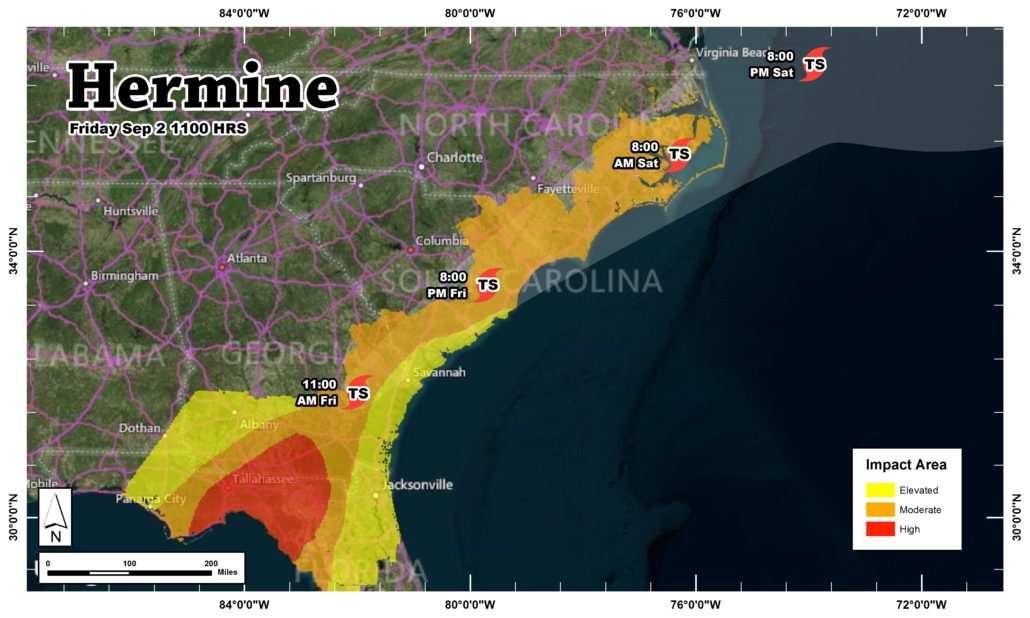 Hermine's impact area and projected path through Saturday Evening