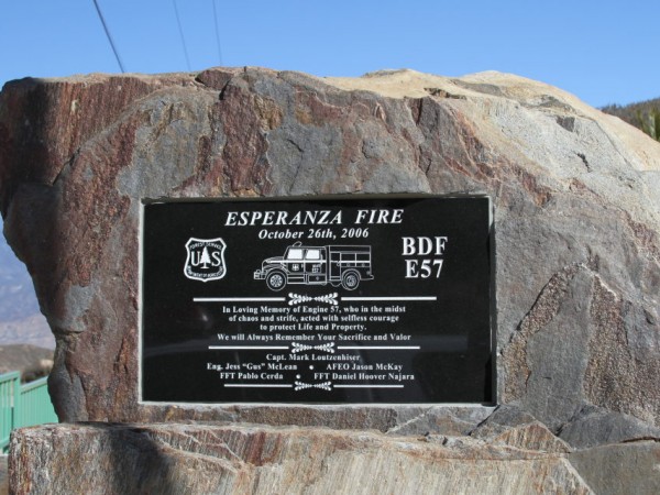 Memorial Plaque at the site of the Esperanza Fire accident