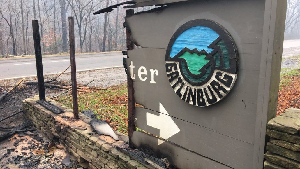 Sign burned in half near Gatlinburg, TN. Photo Credit: Mark Nagi, Tennessee Department of Transportation