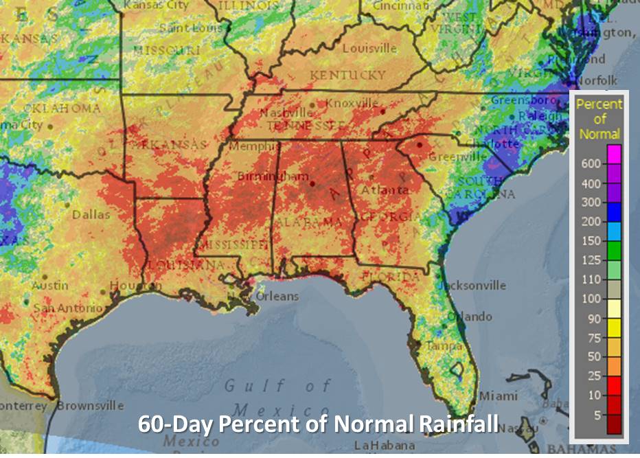 Rainfall deficits fueling major fire activity in the Southern Appalachian Mountains & prompting PL 5 in Southern Area