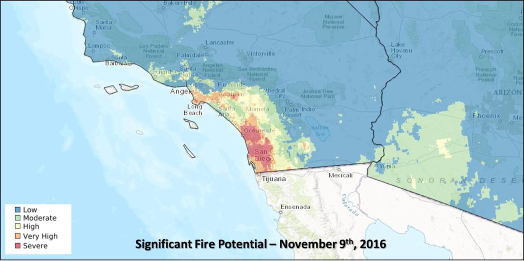 Southern California will see High to Severe Fire Potential on November 9th and 10th