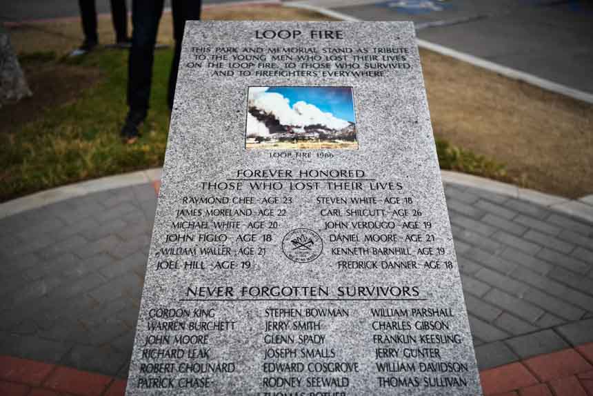The Loop Fire memorial marker in El Cariso Park in Sylmar, CA. (Photo Credit: Stuart Palley)