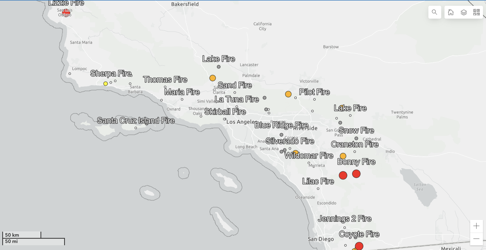 Map showing landslide monitored locations across Southern California