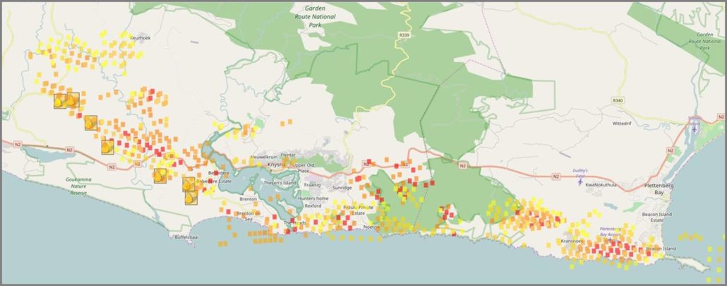 Activity of Wildfires in last 48 hours, centered on Knysna (Source: Advanced Fire Information System Viewer – AFIS)