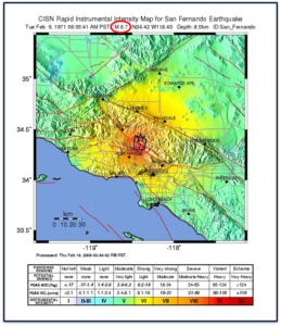 USGS map and intensity scale for 1971 San Fernando Earthquake (Magnitude - red-circled, epicenter - star, intensity - table)