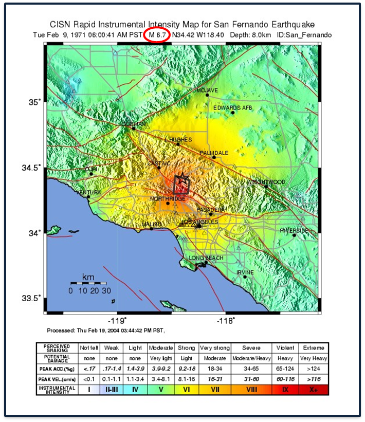 USGS map and intensity scale for 1971 San Fernando Earthquake (Magnitude - red-circled, epicenter - star, intensity - table)