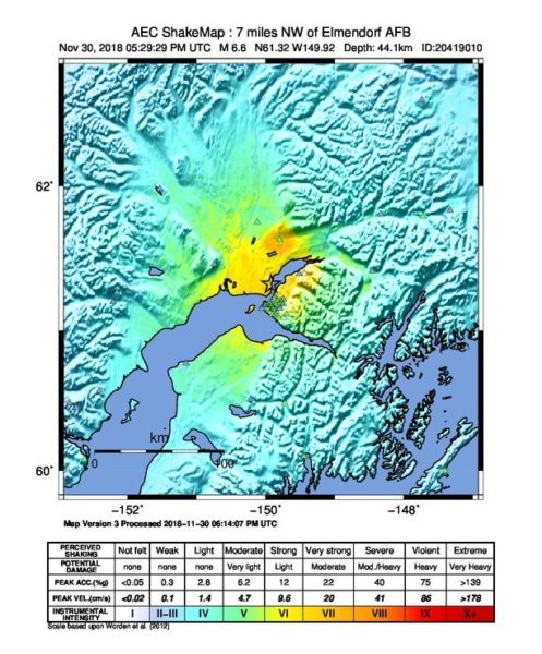 The Shake Map shows the extent and magnitude in the surrounding areas during the 7.0 earthquake near Anchorage, Alaska,.