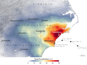 Hurricane Florence’s landfall and cumulative precipitation (Source: NASA Earth Observatory)