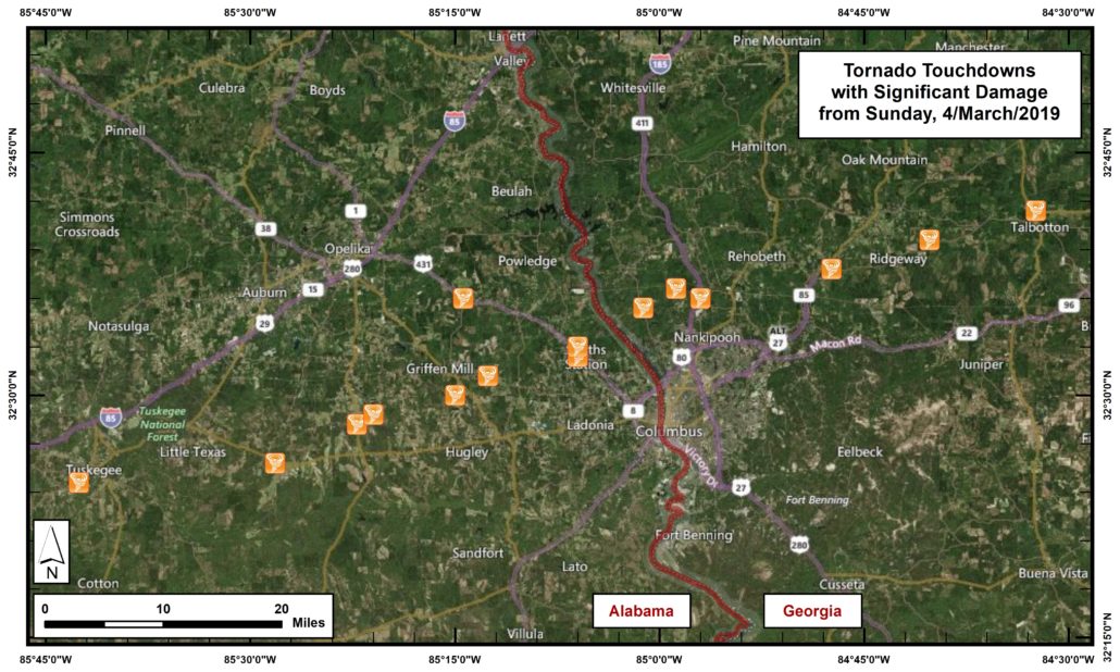 Tornadoes Track through Alabama into Georgia.