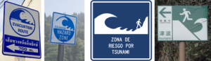 Tsunami Evacuation Signs from Around the World (L to R: Thailand, California USA, Colombia, Japan)