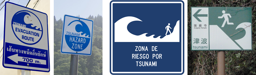 Tsunami evacuation signs from around the world, posted in areas of high tsunami risk (L to R: Thailand, California USA, Colombia, Japan; see end for credits)
