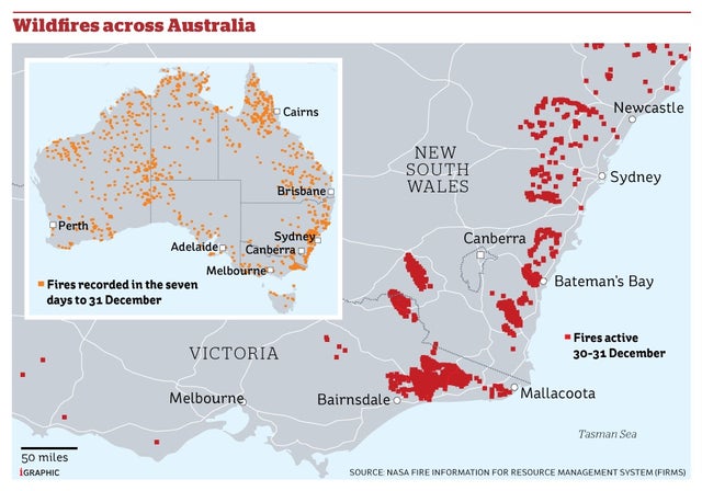 Wildfire map of southeastern Australia