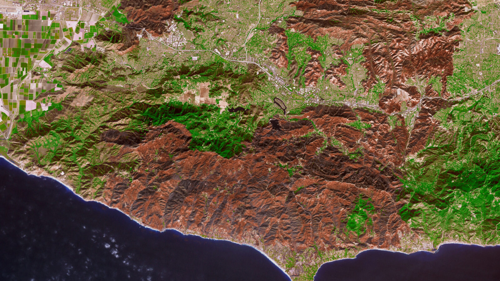 Satellite view of a dark wildfire burn scar reaching the coastline