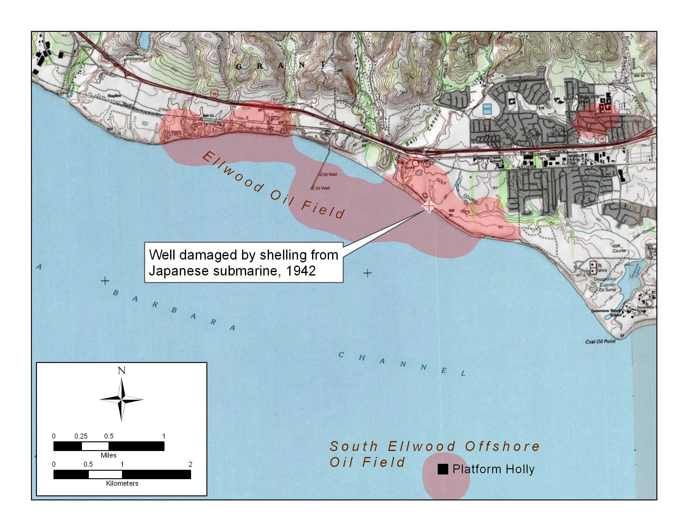 Map of Ellwood Oil Fields Damaged by Japanese Shelling Off California Coast