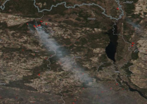 Map of Ukraine Displaying Smoke Moving South to the Capital City of Kyiv