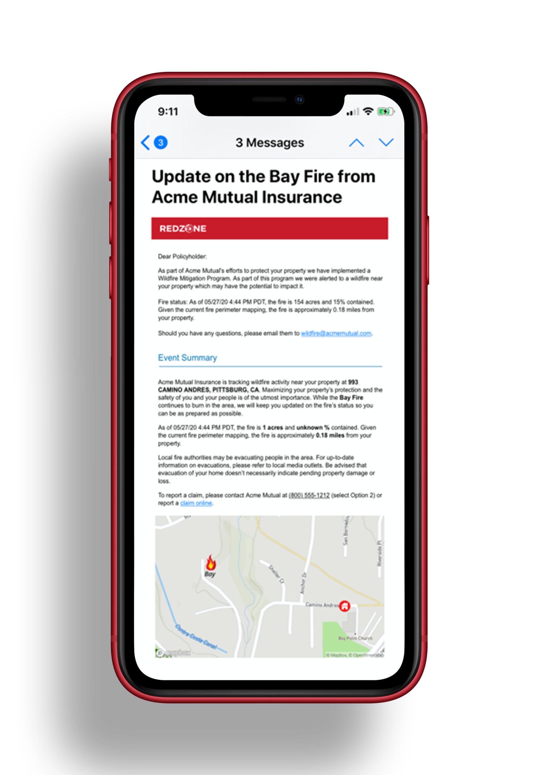 Smartphone showing a wildfire alert message sent to a policyholder