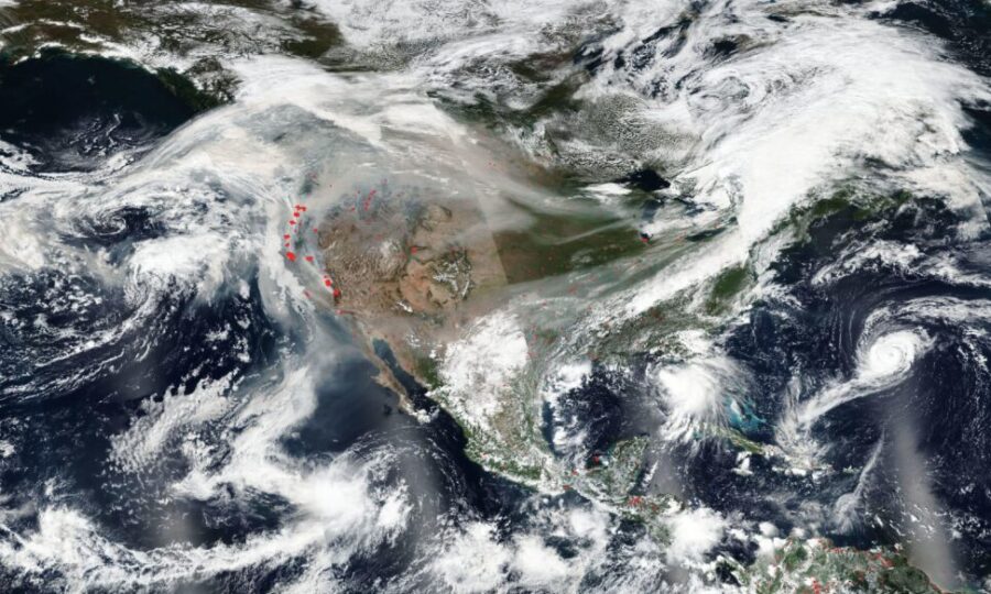 Satellite image of wildfire smoke spread across the western United States
