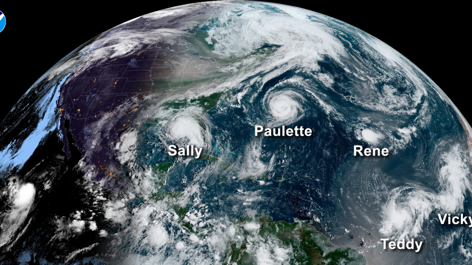 Satellite image of 5 named storms in the Atlantic Basin on Sept. 14, 2020