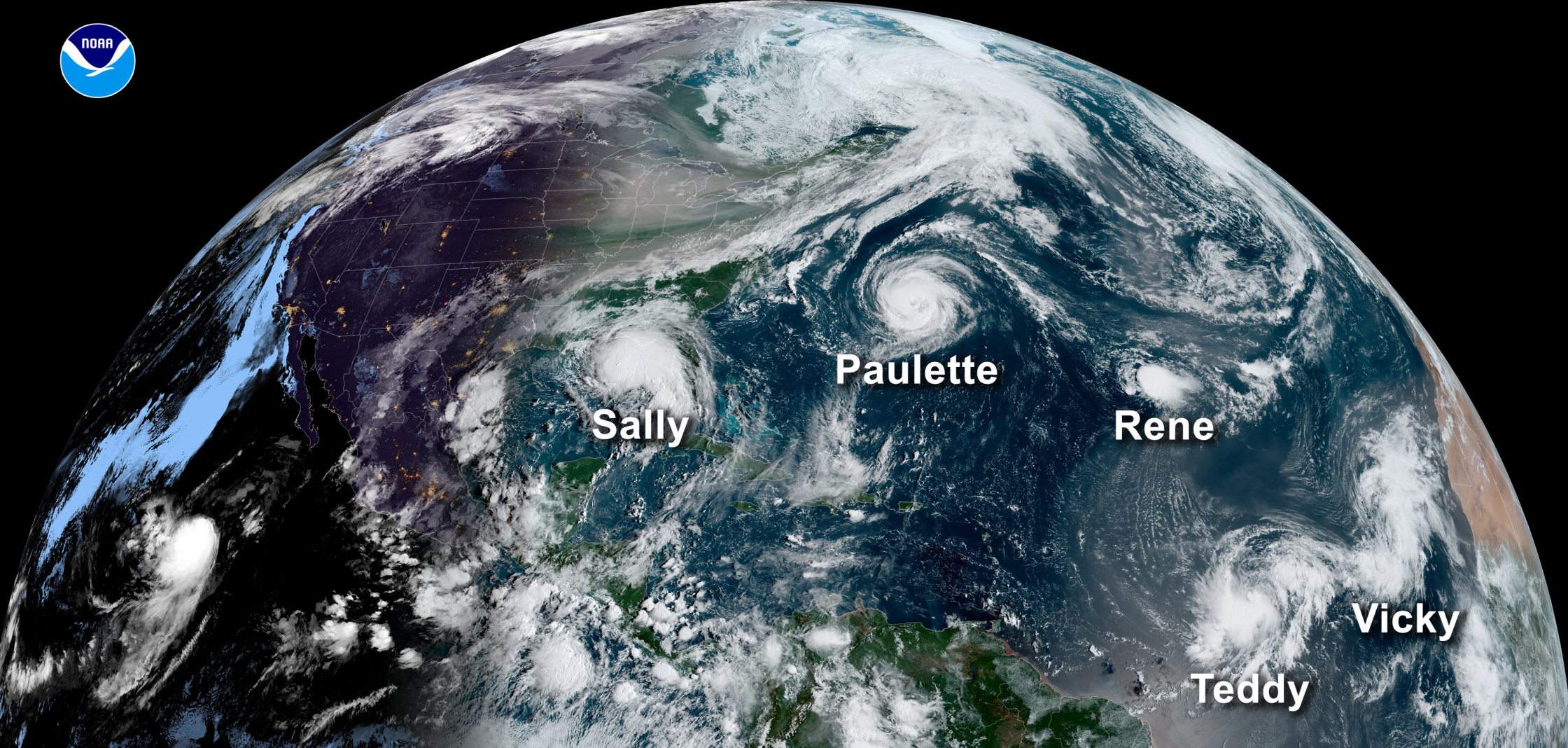 Satellite image of 5 named storms in the Atlantic Basin on Sept. 14, 2020