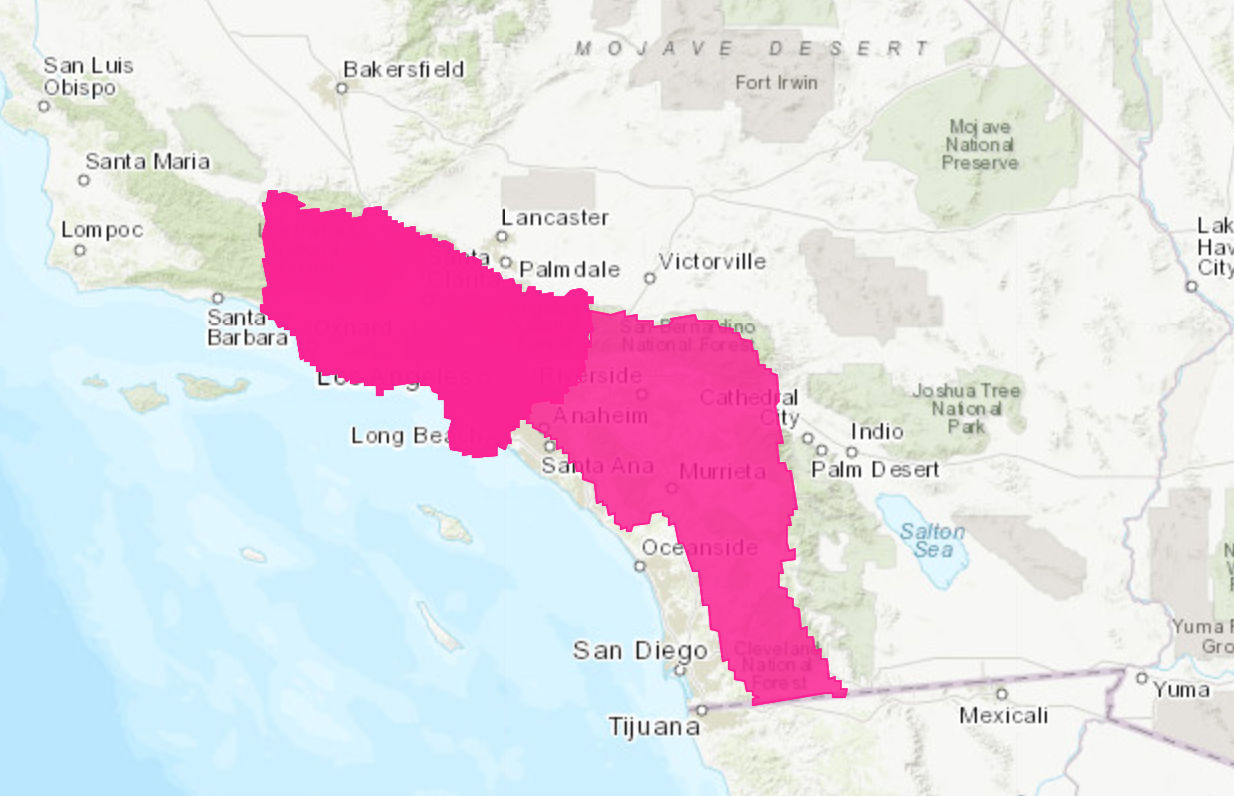 Screenshot of map displaying region of Southern California affected by current Red Flag Warning conditions