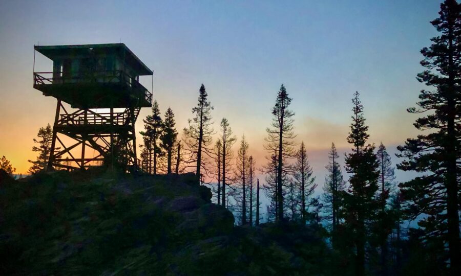 Fire lookout tower silhouetted on a forested ridge at dusk