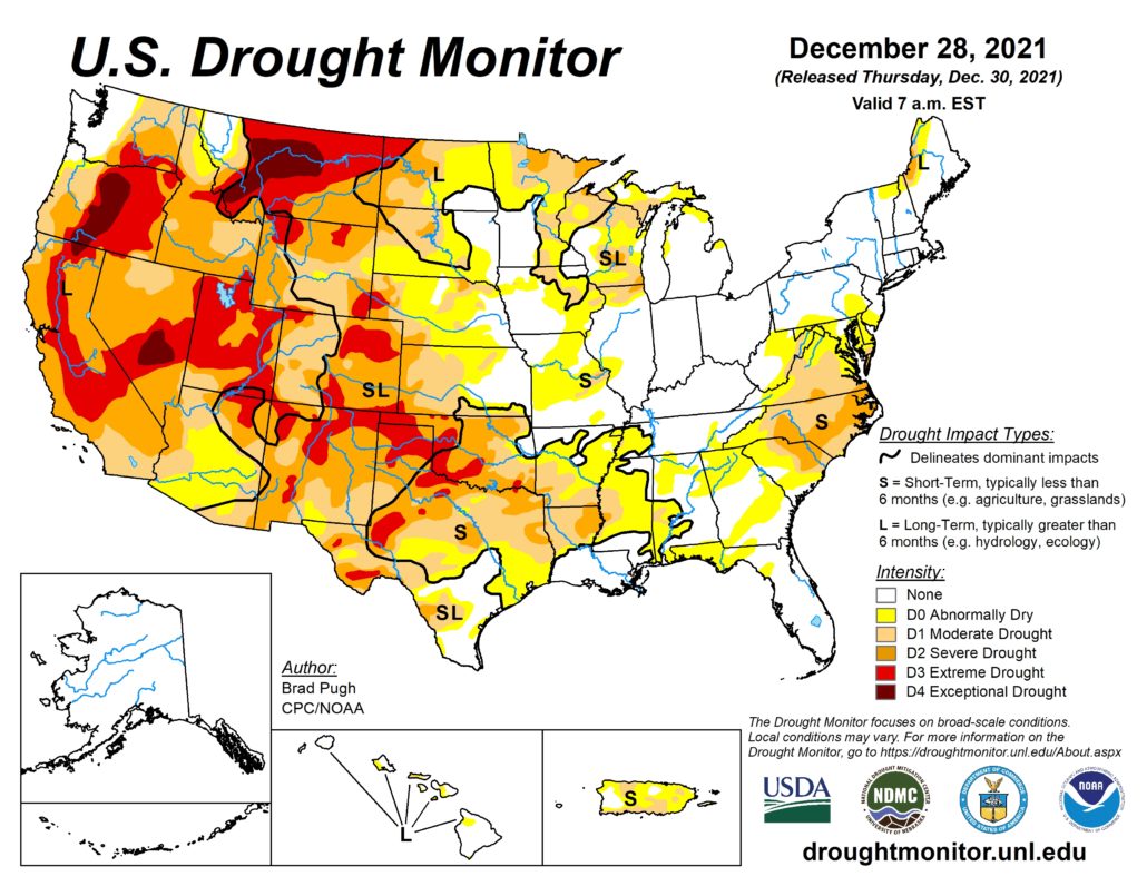 map depicting current drought conditions across the United States
