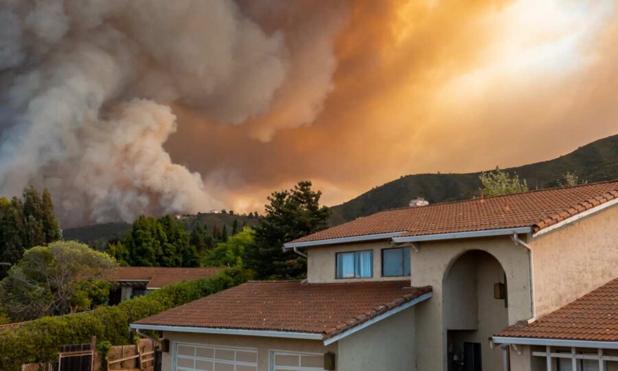 Smoke plume rising beyond the roofline of a suburban house