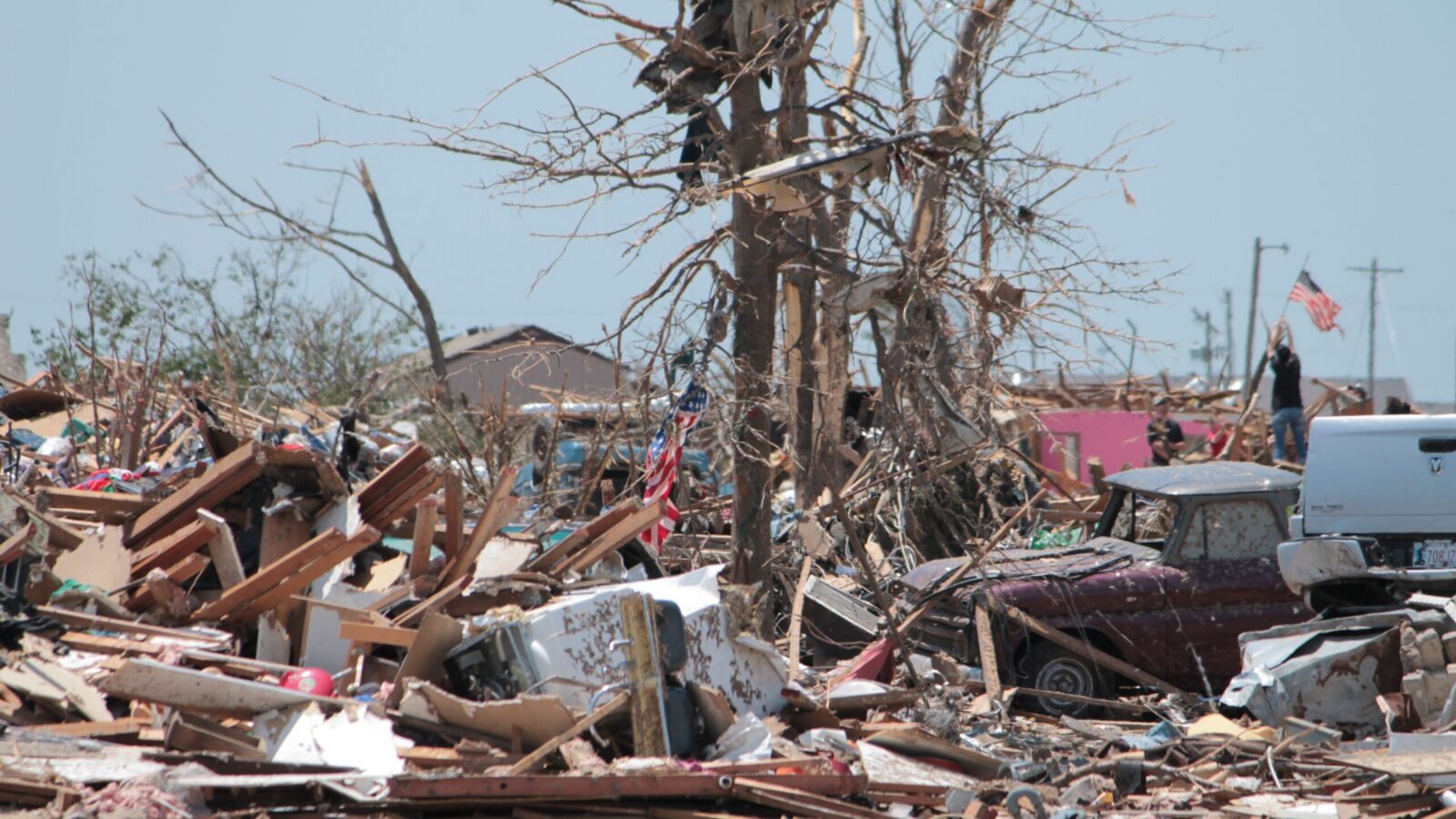 Splintered debris and stripped trees left by a tornado