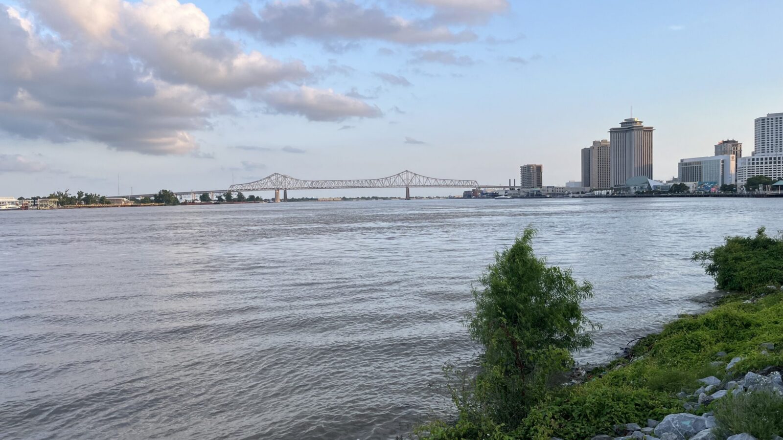 New Orleans riverfront skyline seen across the Mississippi