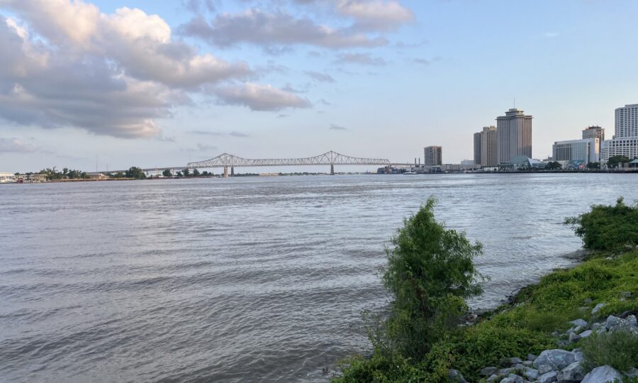 New Orleans riverfront skyline seen across the Mississippi