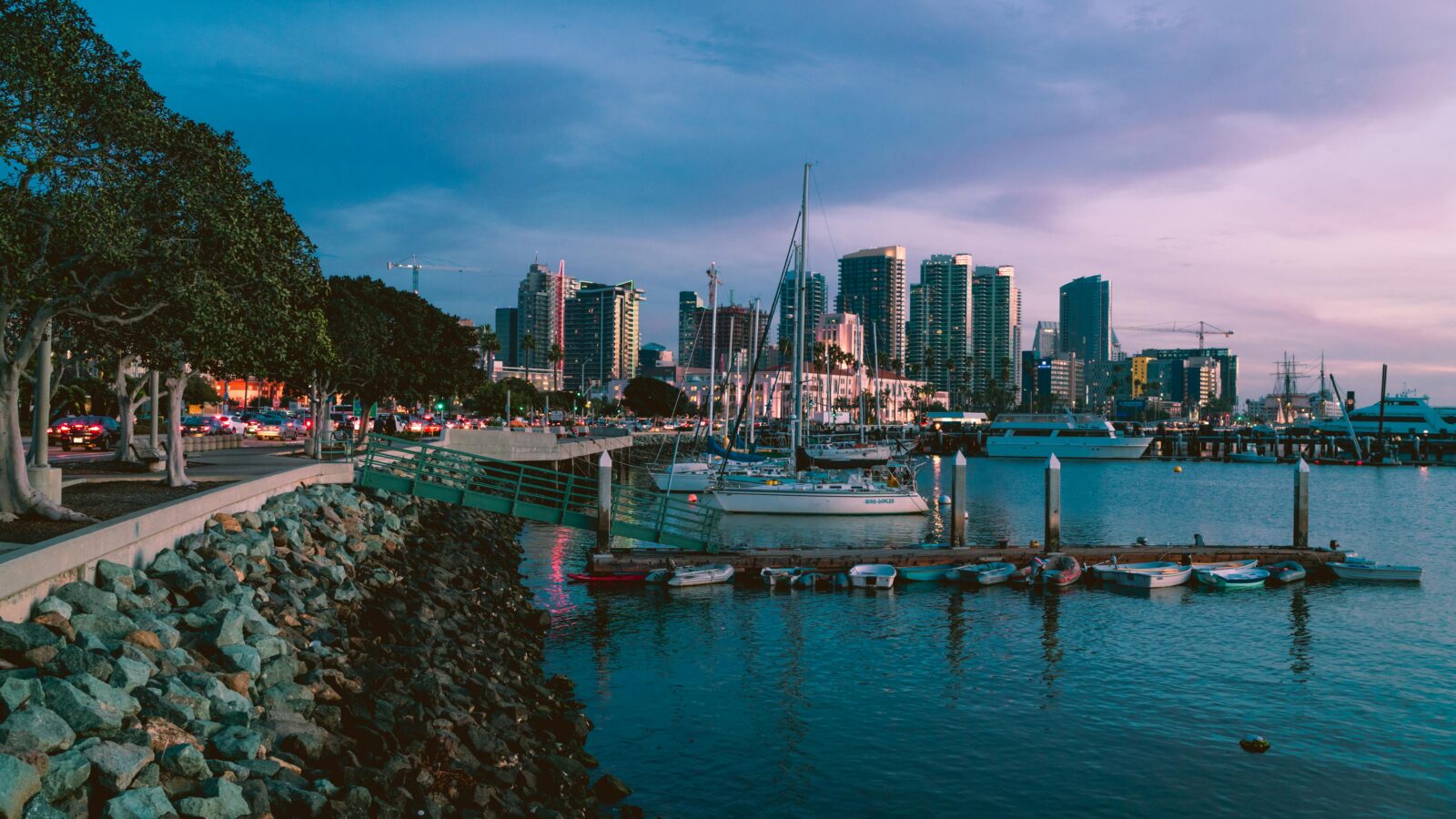 San Diego waterfront and marina at dusk