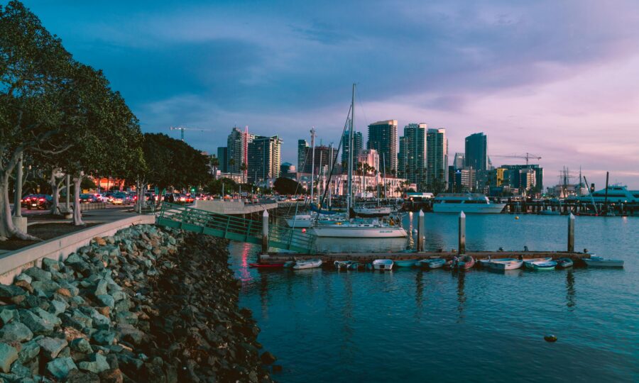 San Diego waterfront and marina at dusk