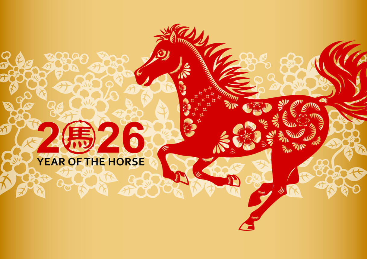Red paper-cut horse illustration marking the 2026 Year of the Horse