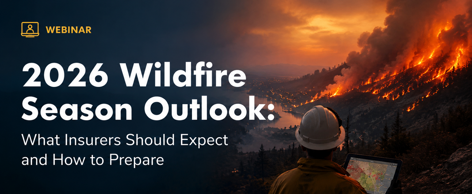 Webinar title card: 2026 Wildfire Season Outlook, what insurers should expect and how to prepare